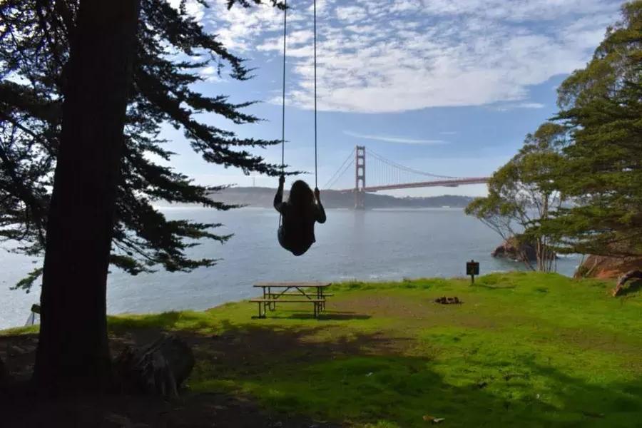 一个女人在金门大桥的树上荡秋千. San Francisco, California.