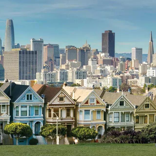Picnickers sit on the grass at Alamo Square Park with the Painted Ladies and San Francisco skyline in the background.