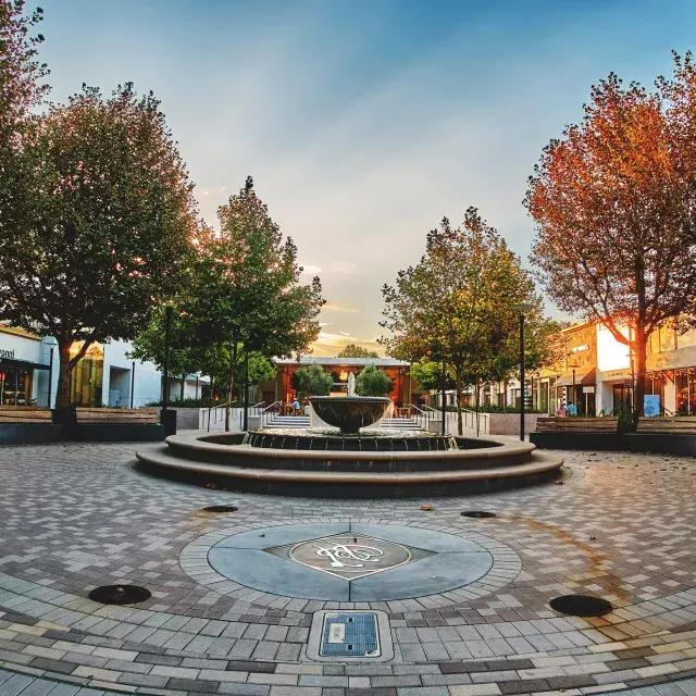 Outdoor mall with trees and fountain